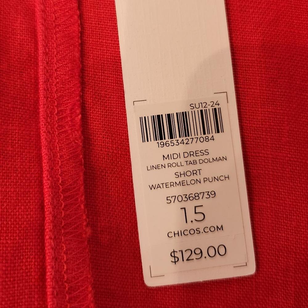 NEW Chicos Linen Roll Tab Sleeve Midi Dress in Watermelon Punch Size 1.5 US 10 - Picture 9 of 10